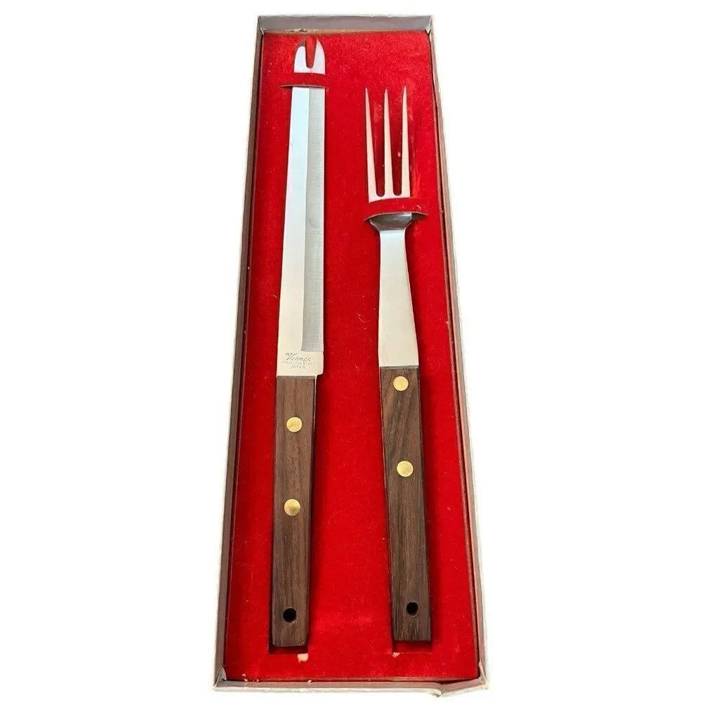 Vernco MCM Stainless Wood Handle Meat Carving Knife and Fork Set Boxed Vtg Japan